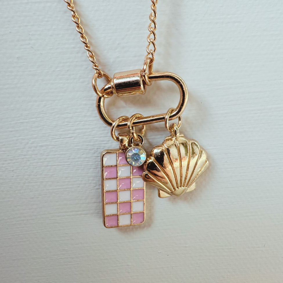 Gold Carabiner Charm Necklace, Shell & Pink Checkerboard Charms, 18 Inches