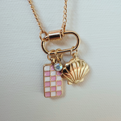 Gold Carabiner Charm Necklace, Shell & Pink Checkerboard Charms, 18 Inches