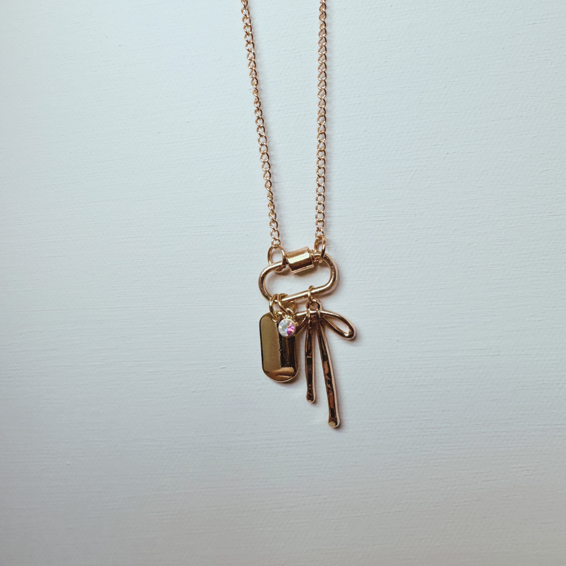 Gold Carabiner Charm Necklace, Bow & Dog Tag Charms