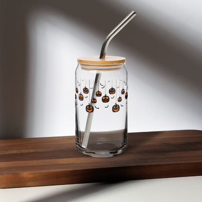 Hanging Pumpkins Glass Cup with Lid and Straw