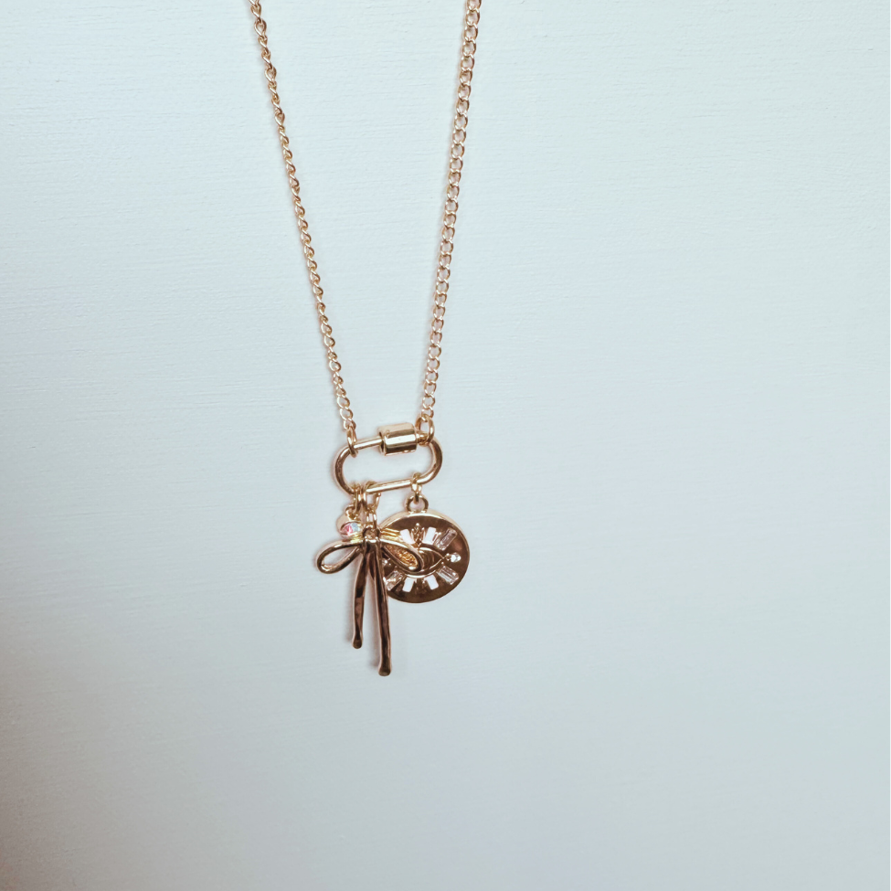 Gold Carabiner Charm Necklace, Evil Eye & Bow, 22 Inches