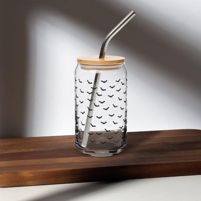 Bats Glass Cup with Lid and Straw