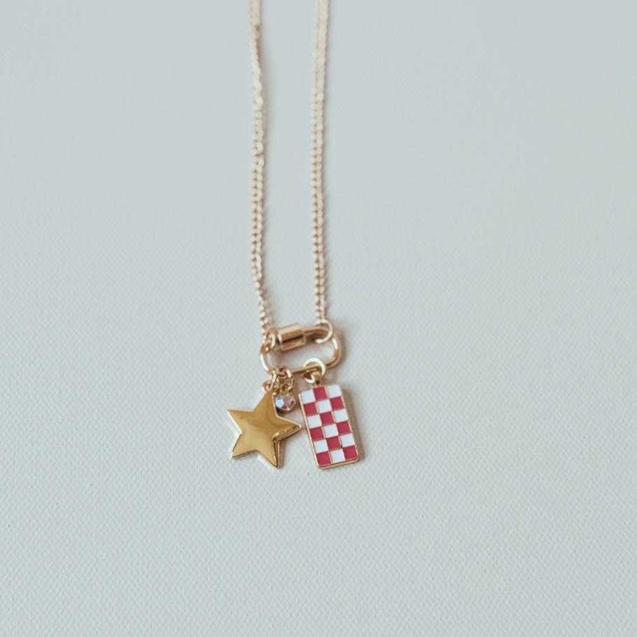 Gold Carabiner Charm Necklace, Star & Pink Checkerboard Charms