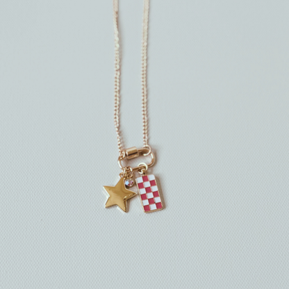 Gold Carabiner Charm Necklace, Star & Pink Checkerboard Charms