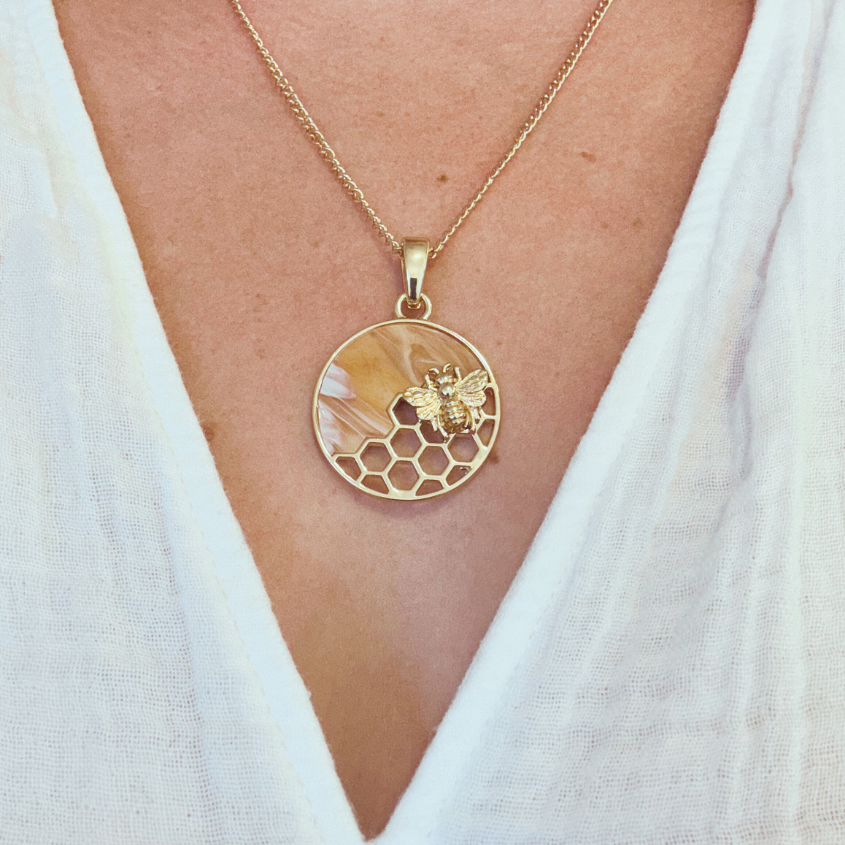 Bee Honeycomb Pendant Necklace, Gold 20 inches
