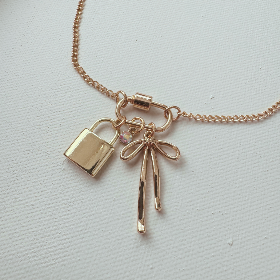 Gold Carabiner Charm Necklace, Bow & Lock Charms, 18 Inches