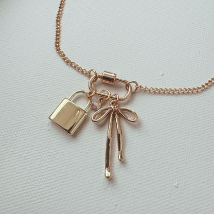 Gold Carabiner Charm Necklace, Bow & Lock Charms, 18 Inches