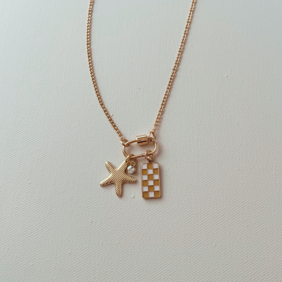 Gold Carabiner Charm Necklace, Starfish & Yellow Checkerboard Charms, 18 Inches
