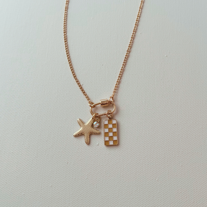 Gold Carabiner Charm Necklace, Starfish & Yellow Checkerboard Charms, 18 Inches