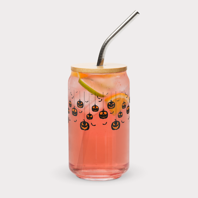 Hanging Pumpkins Glass Cup with Lid and Straw