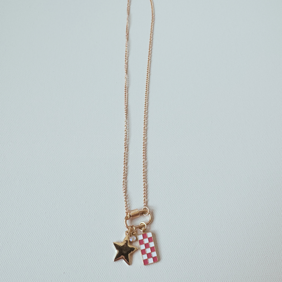 Gold Carabiner Charm Necklace, Star & Pink Checkerboard Charms