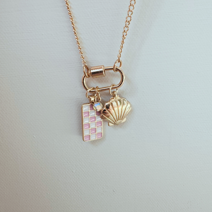 Gold Carabiner Charm Necklace, Shell & Pink Checkerboard Charms, 18 Inches