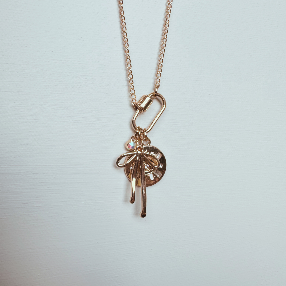 Gold Carabiner Charm Necklace, Evil Eye & Bow, 22 Inches