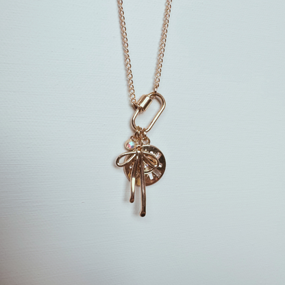 Gold Carabiner Charm Necklace, Evil Eye & Bow, 22 Inches