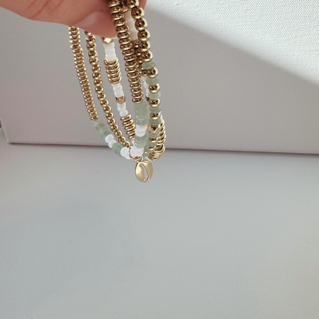 Green Aventurine Beaded Charm Bracelet Set with Gold Shell