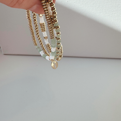 Green Aventurine Beaded Charm Bracelet Set with Gold Shell