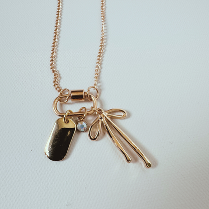 Gold Carabiner Charm Necklace, Bow & Dog Tag Charms