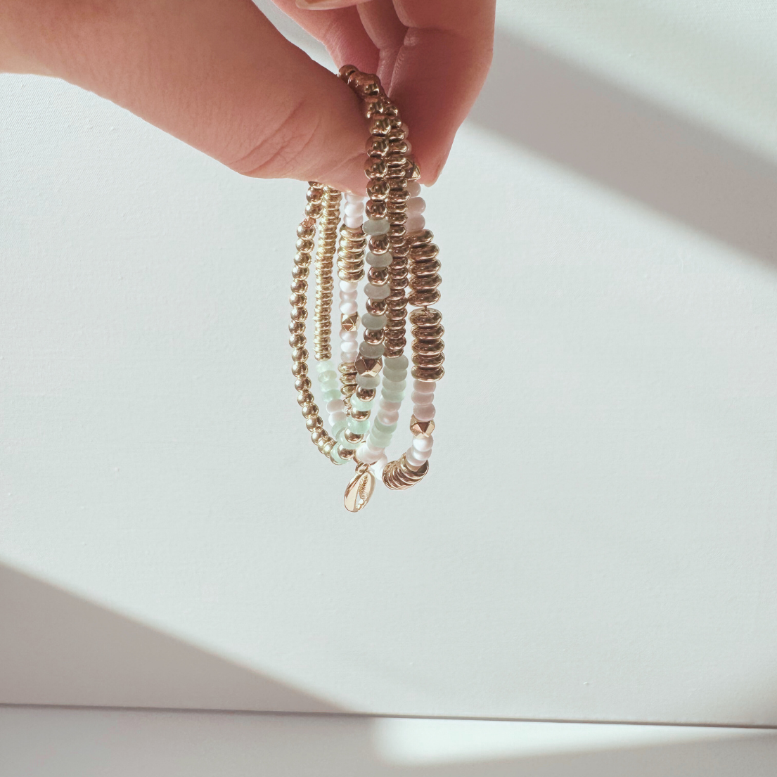 Green Aventurine Beaded Charm Bracelet Set with Gold Shell