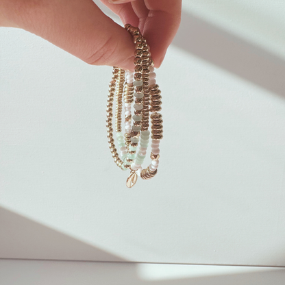 Green Aventurine Beaded Charm Bracelet Set with Gold Shell
