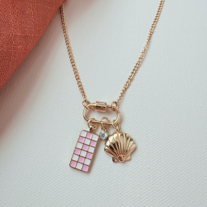 Gold Carabiner Charm Necklace, Shell & Pink Checkerboard Charms, 18 Inches