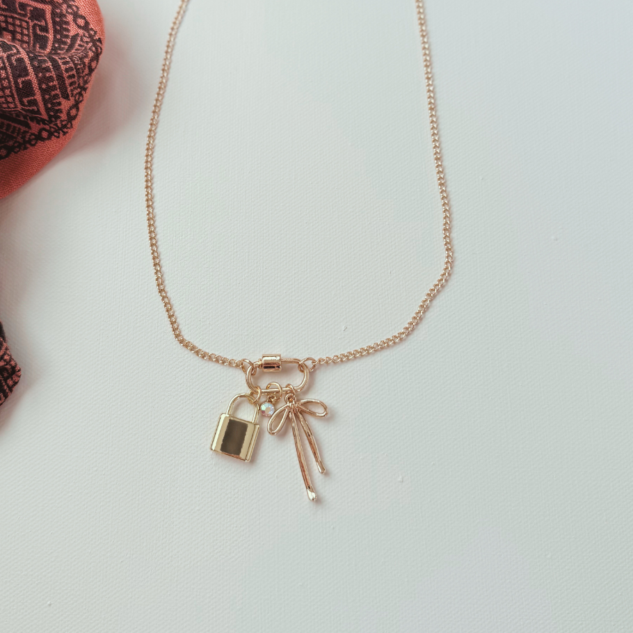 Gold Carabiner Charm Necklace, Bow & Lock Charms, 18 Inches
