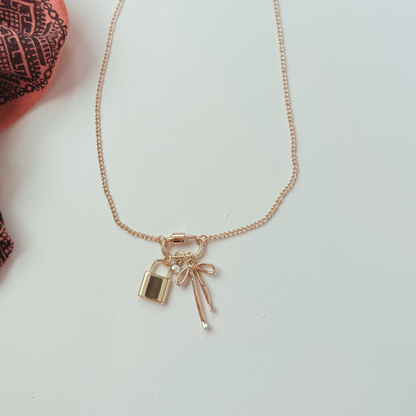 Gold Carabiner Charm Necklace, Bow & Lock Charms, 18 Inches