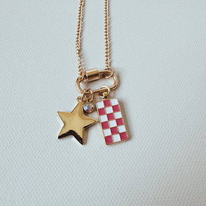 Gold Carabiner Charm Necklace, Star & Pink Checkerboard Charms