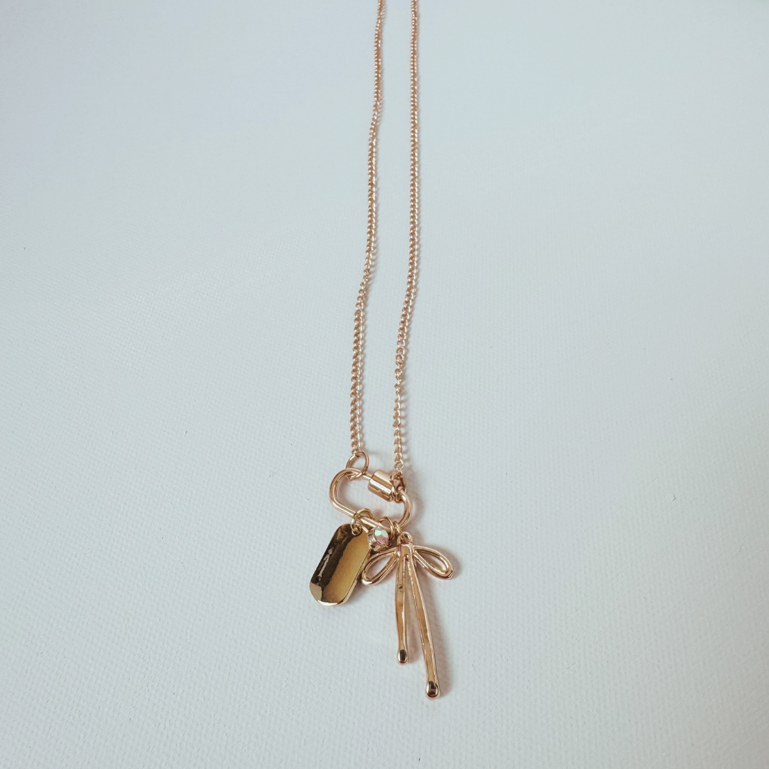Gold Carabiner Charm Necklace, Bow & Dog Tag Charms