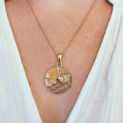 Bee Honeycomb Pendant Necklace, Gold 20 inches