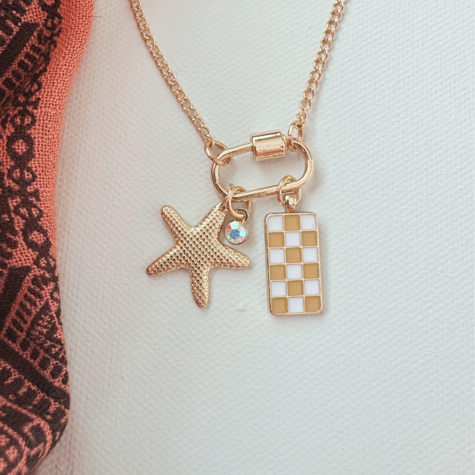 Gold Carabiner Charm Necklace, Starfish & Yellow Checkerboard Charms, 18 Inches
