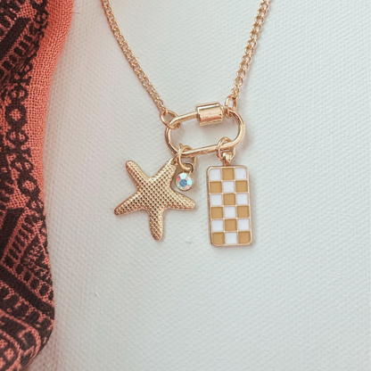 Gold Carabiner Charm Necklace, Starfish & Yellow Checkerboard Charms, 18 Inches