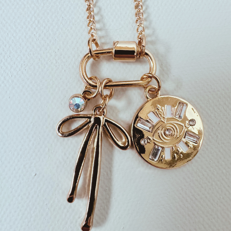 Gold Carabiner Charm Necklace, Evil Eye & Bow, 22 Inches