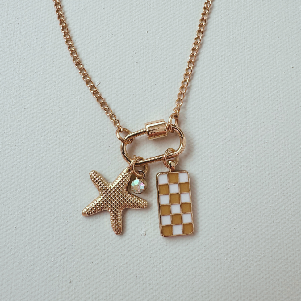Gold Carabiner Charm Necklace, Starfish & Yellow Checkerboard Charms, 18 Inches
