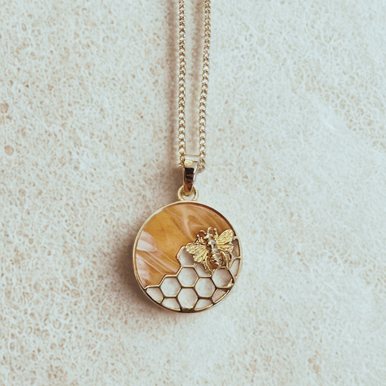 Bee Honeycomb Pendant Necklace, Gold 20 inches