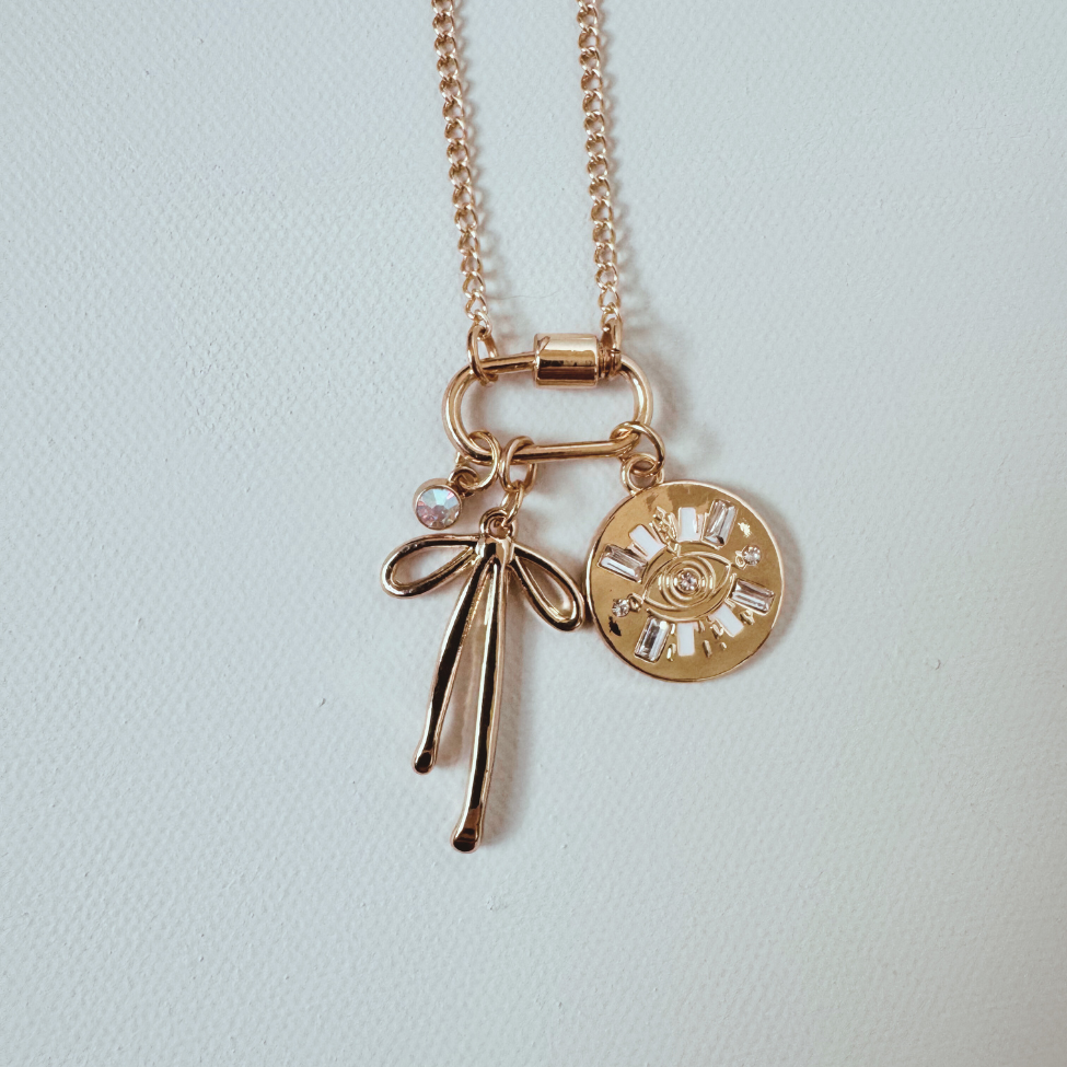 Gold Carabiner Charm Necklace, Evil Eye & Bow, 22 Inches