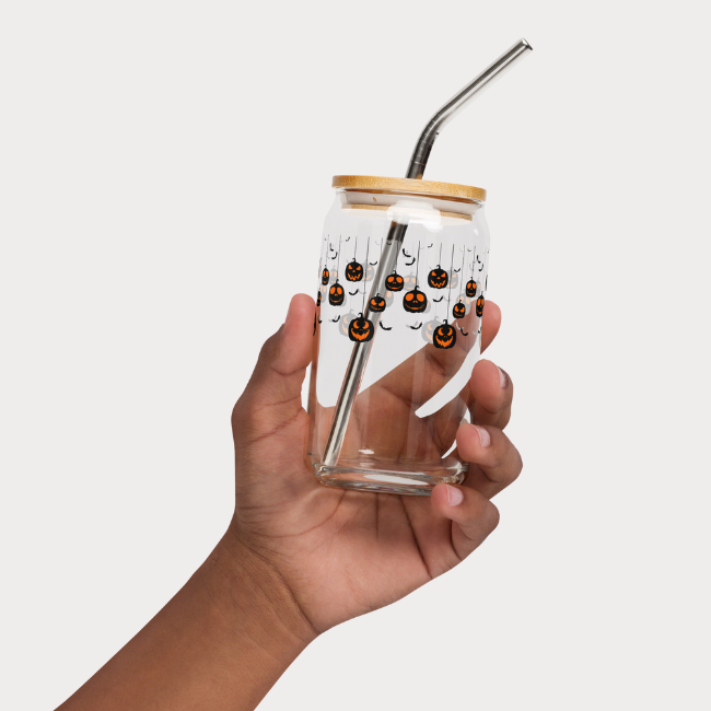 Hanging Pumpkins Glass Cup with Lid and Straw