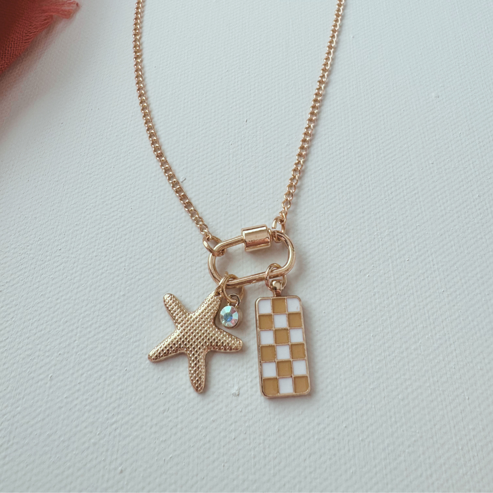 Gold Carabiner Charm Necklace, Starfish & Yellow Checkerboard Charms, 18 Inches