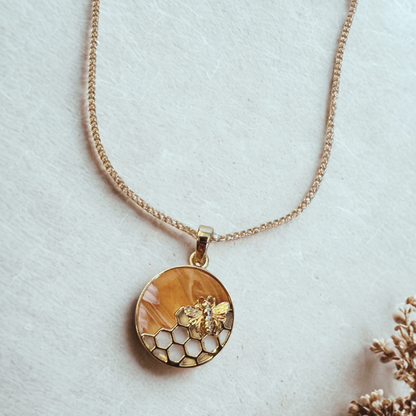 Bee Honeycomb Pendant Necklace, Gold 20 inches