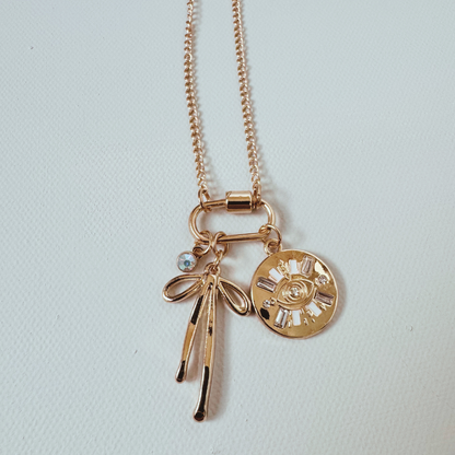 Gold Carabiner Charm Necklace, Evil Eye & Bow, 22 Inches