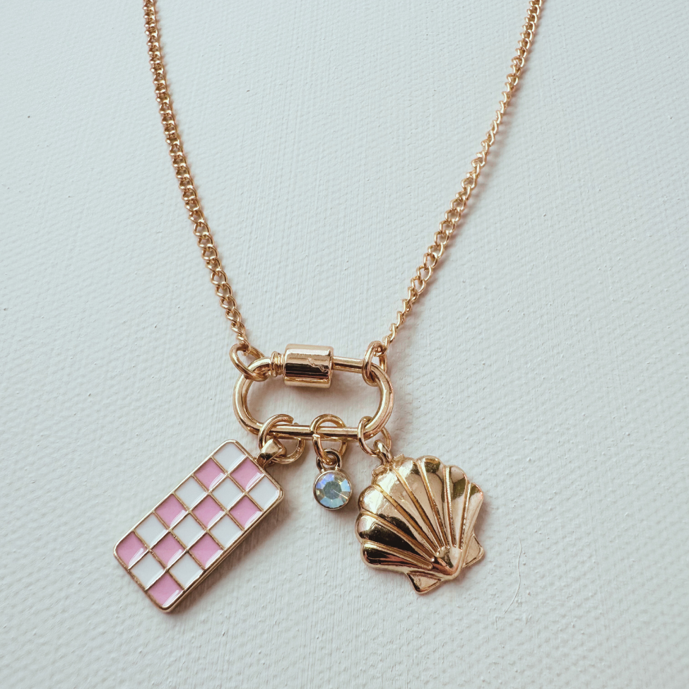 Gold Carabiner Charm Necklace, Shell & Pink Checkerboard Charms, 18 Inches