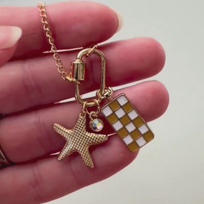 Gold Carabiner Charm Necklace, Starfish & Yellow Checkerboard Charms, 18 Inches