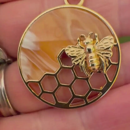 Bee Honeycomb Pendant Necklace, Gold 20 inches