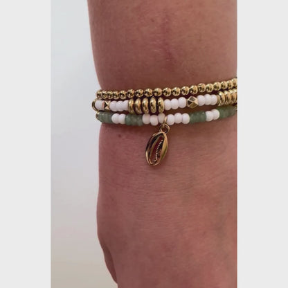 Green Aventurine Beaded Charm Bracelet Set with Gold Shell