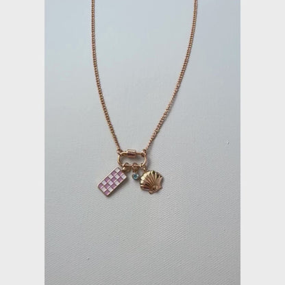 Gold Carabiner Charm Necklace, Shell & Pink Checkerboard Charms, 18 Inches