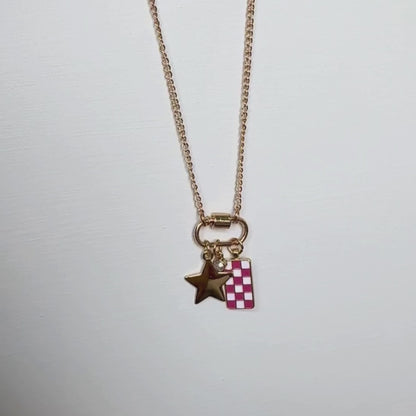 Gold Carabiner Charm Necklace, Star & Pink Checkerboard Charms